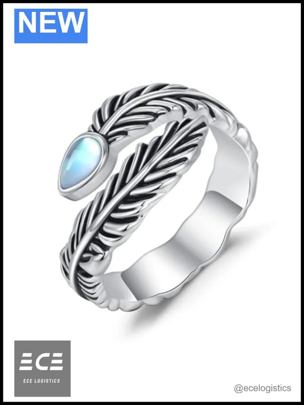 Sterling Silver Moonstone Adjustable Feather Ring S925